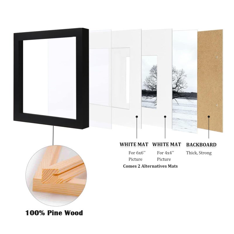 Egofine 8x8 Picture Frames 4 PCS - Made of Solid Wood Covered by Plexiglass Display 4x4/6x6 with Mat or 8x8 without Mat, for Table Top Display and Wall Mounting Photo Frame Black - Image 4